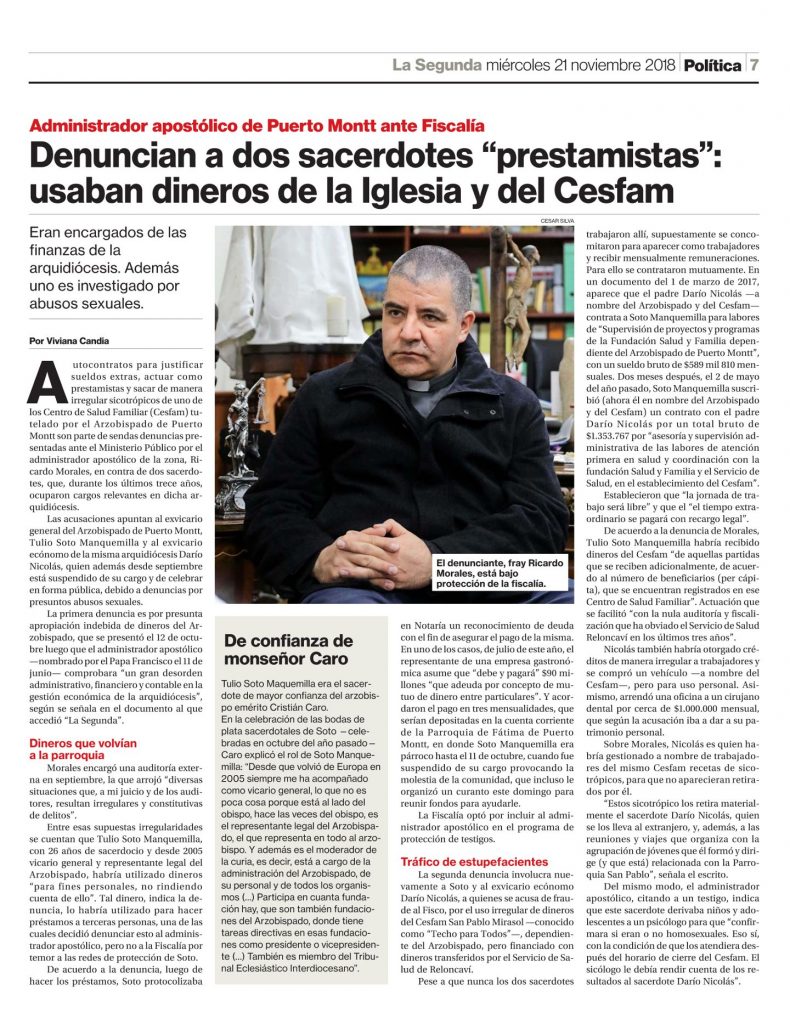 LA SEGUNDA: Denuncian a dos sacerdotes "prestamistas": usaban dineros de la Iglesia y de Cesfam en Puerto Montt