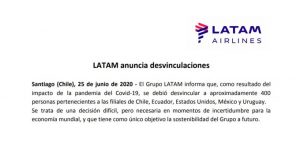 Latam desvinculó a 400 trabajadores y suma 4.000 despidos durante la pandemia