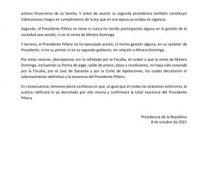 Presidencia: "Piñera es inocente" y decisión de Fiscalía es "difícil de comprender"