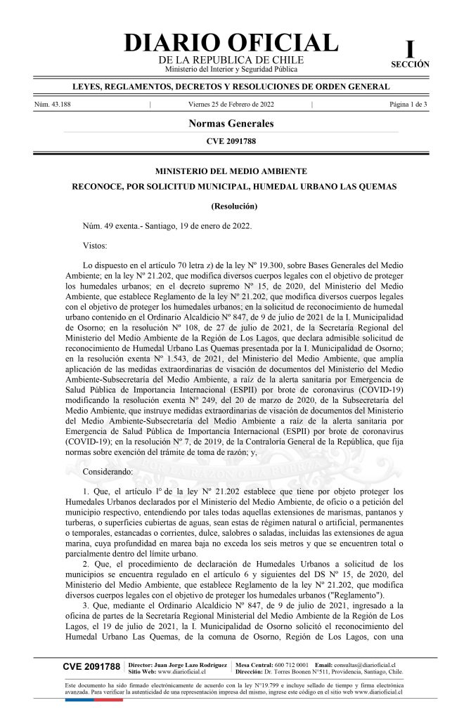 Diario Oficial publica declaratoria de Humedal Las Quemas como Humedal Urbano