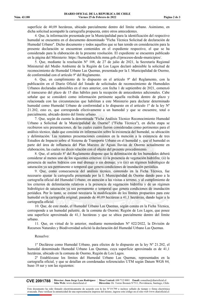 Diario Oficial publica declaratoria de Humedal Las Quemas como Humedal Urbano