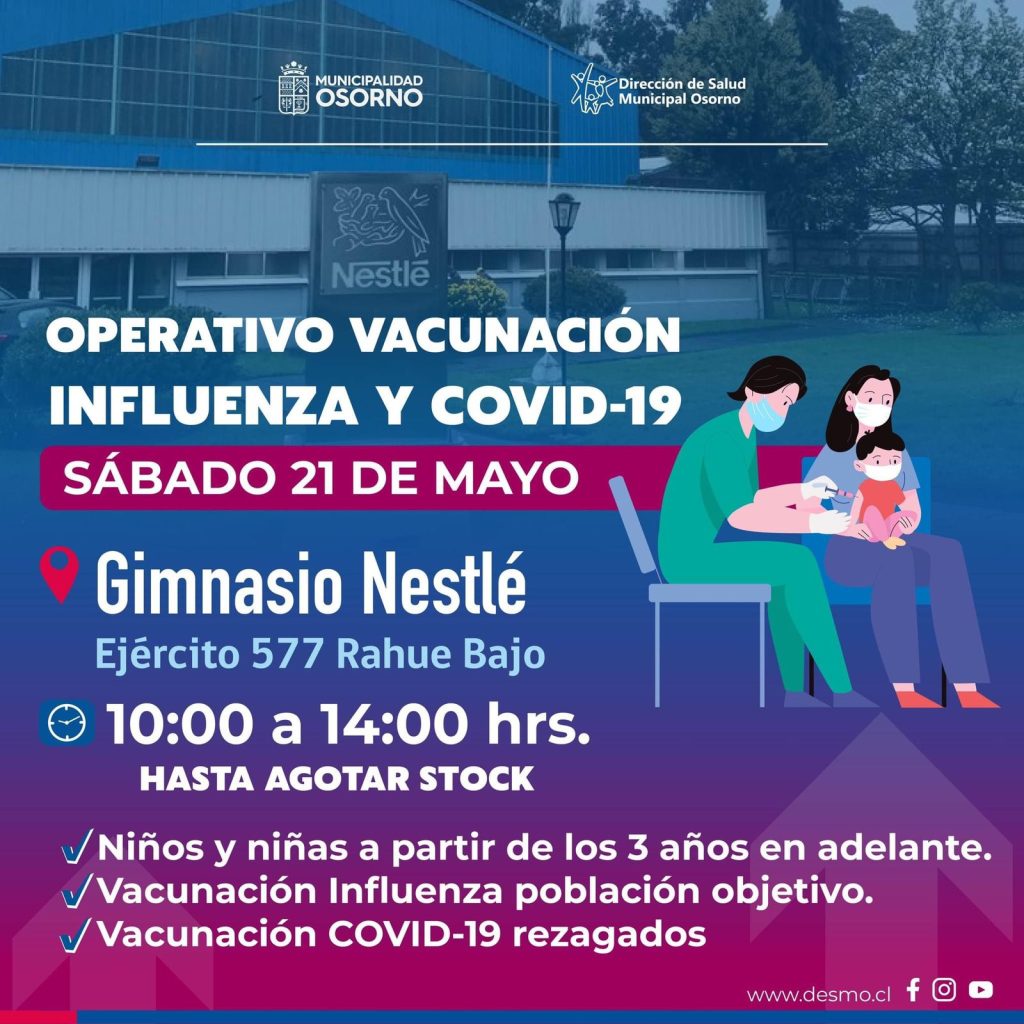 Este sábado habrá operativo de vacunación contra la Influenza y el Covid-19 en Osorno