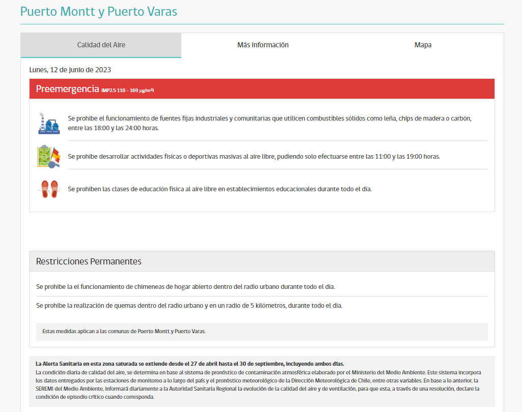 Puerto Montt y Puerto Varas bajo preemergencia ambiental hoy lunes 12