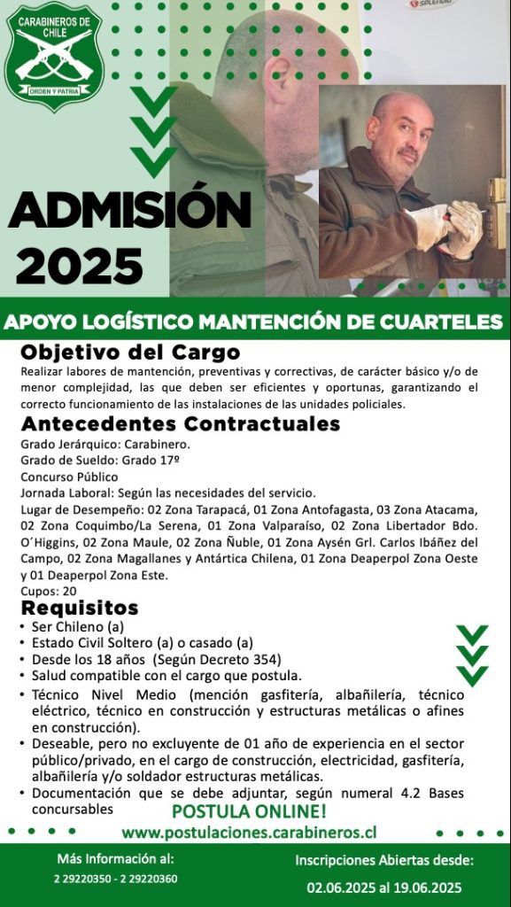 Carabineros extiende plazo de admisión a cargos de apoyo logístico