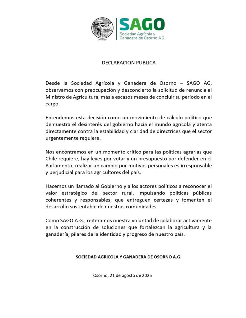 SAGO A.G. emite declaración ante salida de ministro de Agricultura