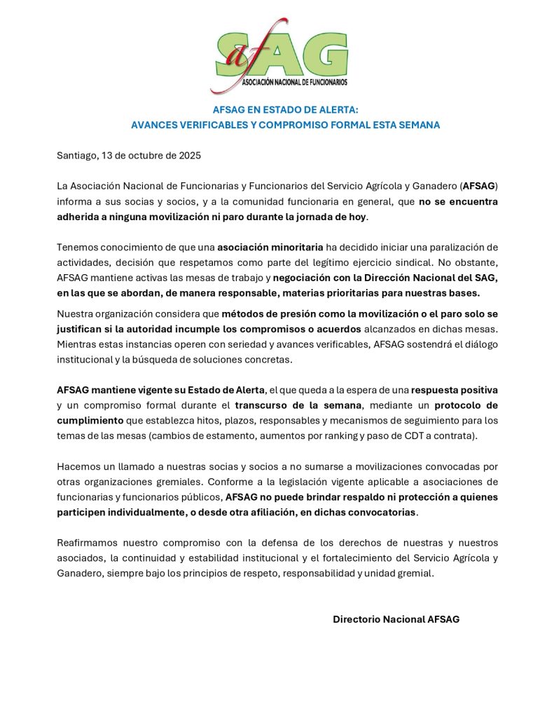 Funcionarios del SAG convocan a movilización nacional que detendrá exportaciones