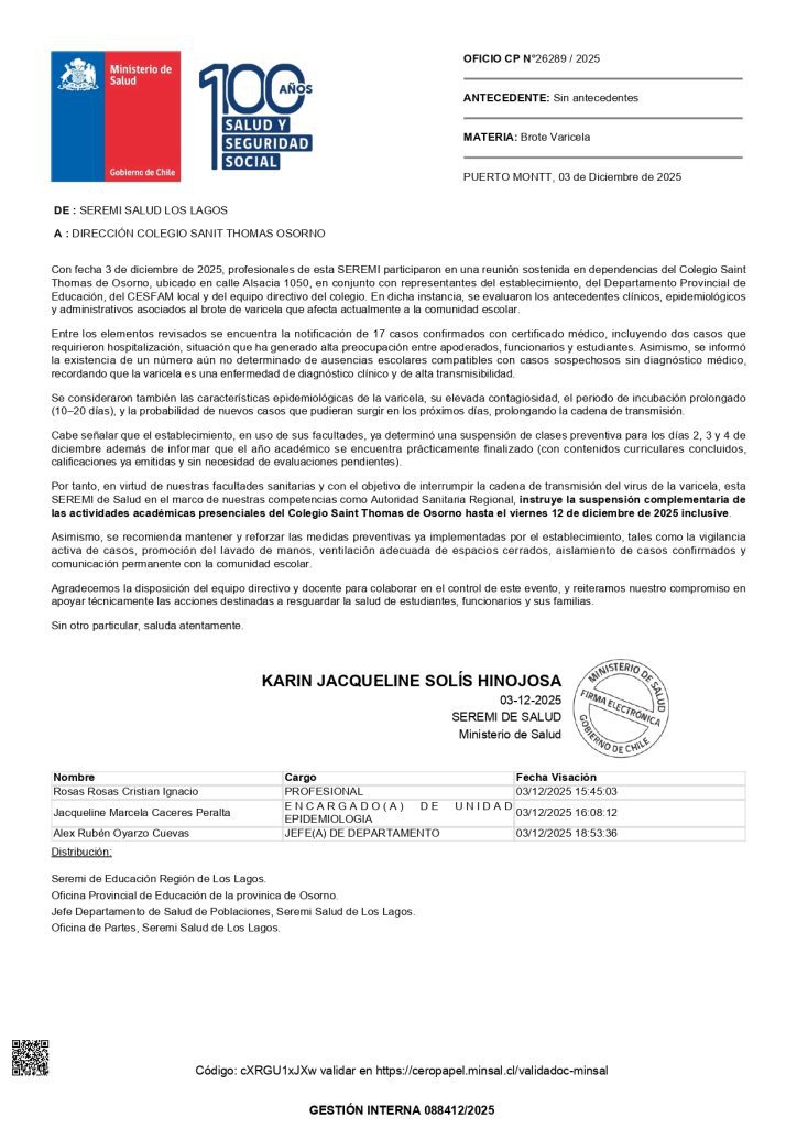 Seremi de Salud instruye suspensión de clases en Colegio Saint Thomas de Osorno por brote de varicela