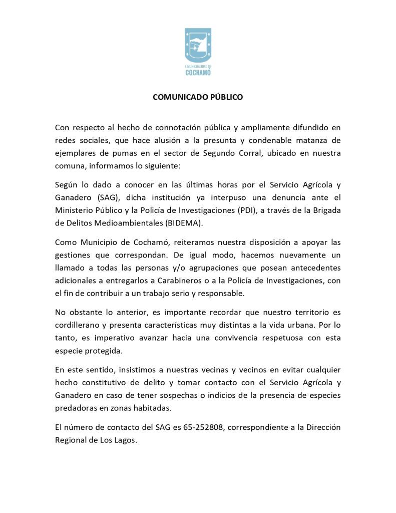 SAG Los Lagos interpuso una denuncia por presunta muerte y maltrato de puma en Cochamó