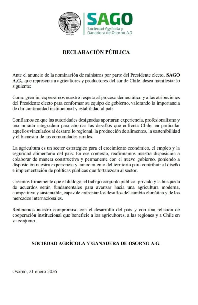 SAGO A.G emite declaración pública tras designación de futuros ministros de Estado
